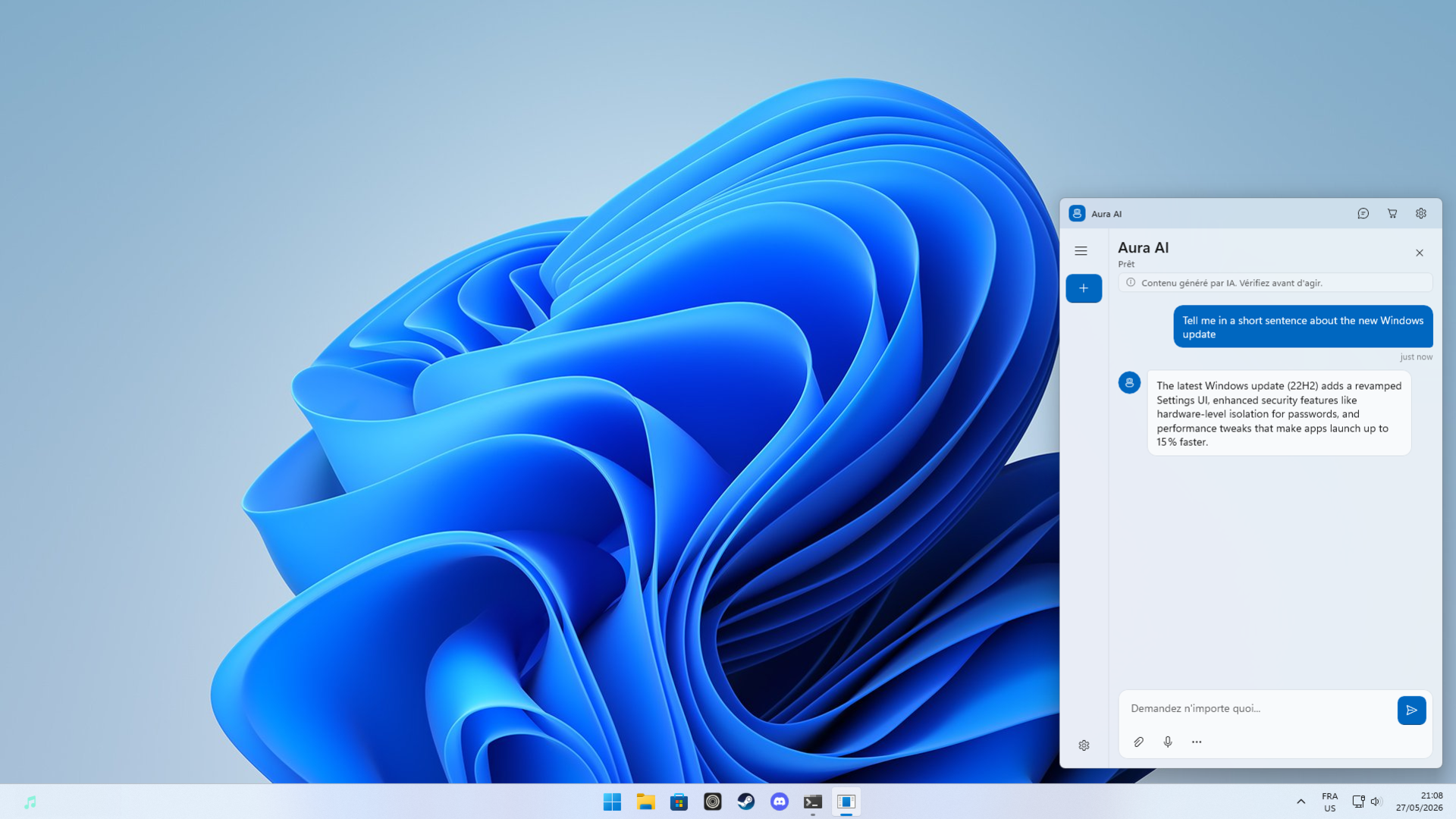Aura AI summoned over the Windows 11 desktop, answering a question in a compact window above the taskbar
